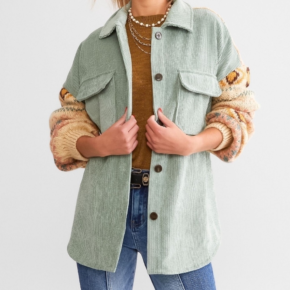 BKE | Pieced Corduroy Shacket, Sea Foam Multi, Size XL